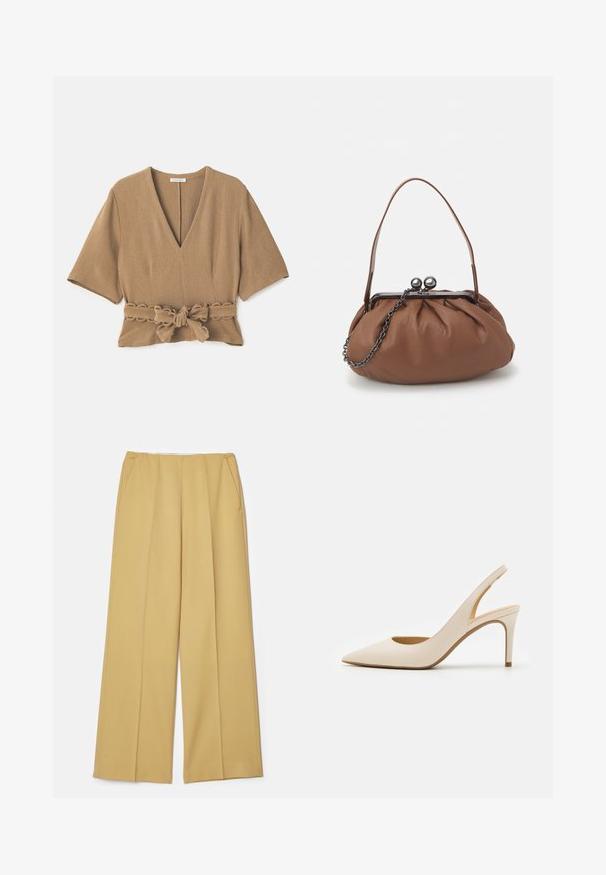 Blouse texturée marron avec un décolleté en V profond, des manches courtes et un détail de ceinture nouée à la taille, présentant un bord ondulé sur la ceinture.; Pantalons à jambes larges en tissu jaune moutarde, dotés de poches avant et d'une texture lisse, avec un design épuré et ajusté.; Escarpin slingback en cuir beige avec un bout pointu et un talon haut fin. Présente une découpe au talon et une finition lisse.; Sac à main en cuir marron avec un design plissé, une courte poignée en cuir et une bandoulière en chaîne. Présente un fermoir en métal argenté avec deux accents ronds.
