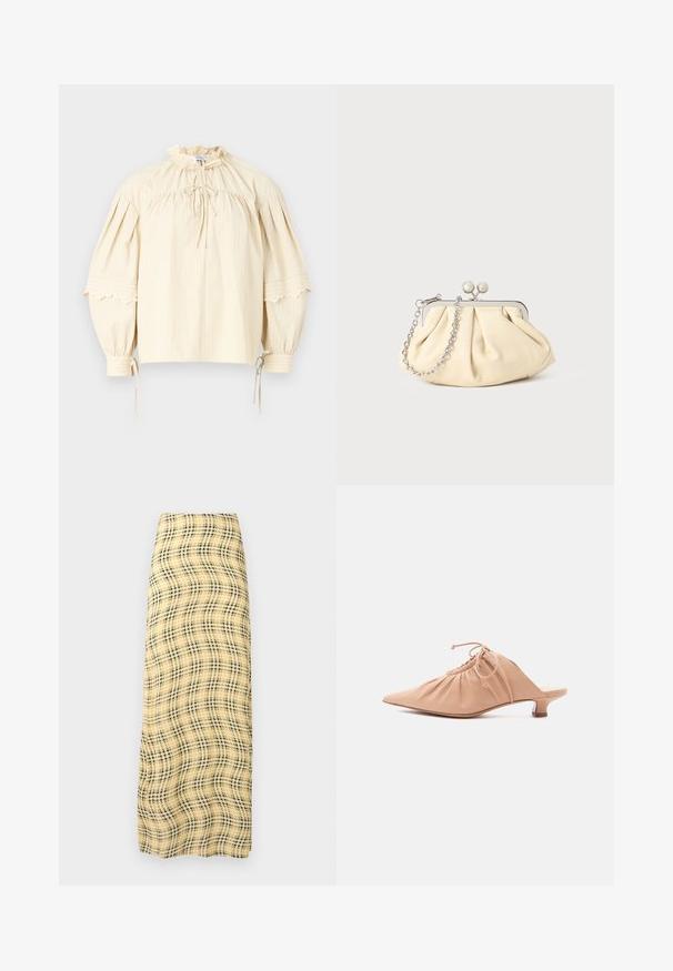 Hofmann Copenhagen SHARON - Blúzka - oyster; Rabanne Maxisukňa - green/yellow/cream; Dámsky mule béžovej farby z kože so špicatou špičkou, zdobeným vrchom, sťahovacou šnúrkou a nízkym opätkom typu kitten na bielom pozadí.; Zhlý béžový kožený klobúk so strieborným kovovým rámom, ktorý má dve okrúhle dekoratívne zámky a strieborný reťazový popruh.