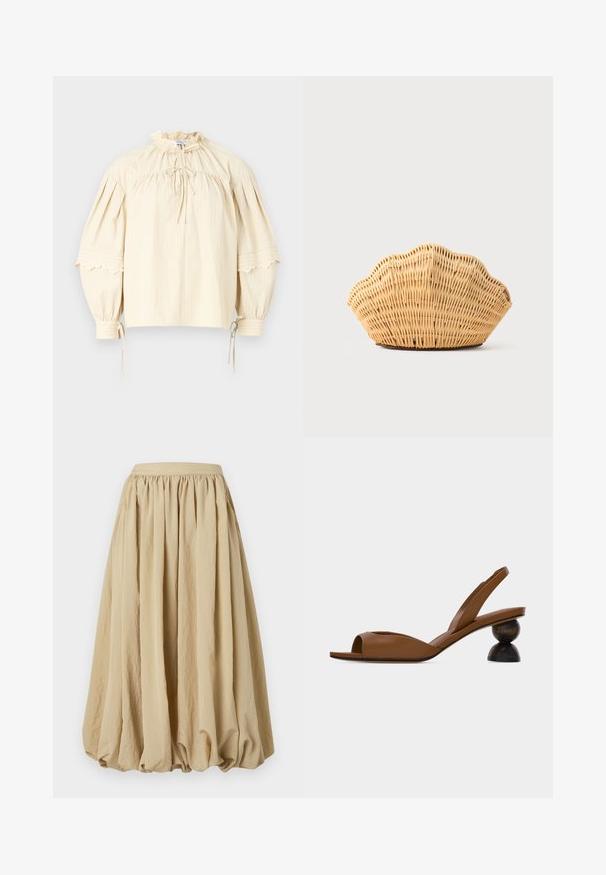 Hofmann Copenhagen SHARON - Blouse - oyster; Beige midi-rok met een geplooid taillegedeelte, vloeiende stof en volumineuze vorm, met een gestructureerd oppervlak en subtiele kreukdetails.; Bruine open teen slingback sandaal met een opvallende ronde, tweedelige houten hak op een effen lichte achtergrond.; Geweven rotan handtas in de vorm van een sint-jakobsschelp met natuurlijke lichtbruine kleur en afgeronde, gestructureerde randen.