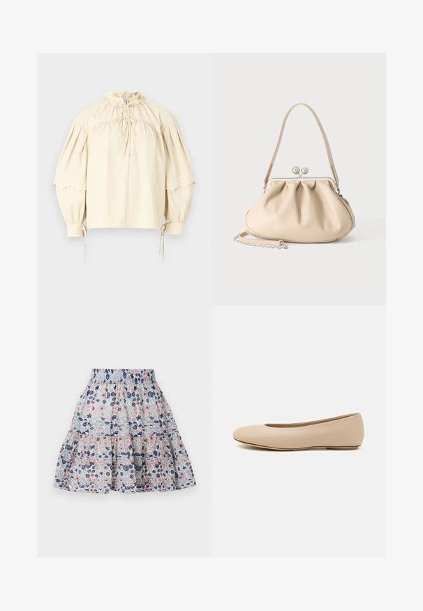 Hofmann Copenhagen SHARON - Bluse - oyster; Blomstret nederdel i lyseblå, med pink og marineblå blomster. Lagdelt design med elastisk talje og blødt, struktureret stof.; Beige læder balletflade med afrundet tå, minimal sømdetaljering, lav hæl og subtilt logo på bagsiden. Glat, mat tekstur.; Beige blød læderhåndtaske med en sølv metalramme-lukning, enkelt skulderstrop og en valgfri kæderem på en hvid baggrund.