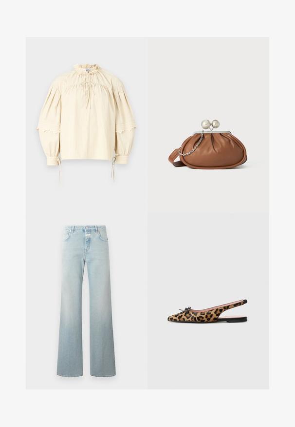 Hofmann Copenhagen SHARON - Bluse - oyster; CLOSED GILLAN - Wide Leg - light blue; Pretty Ballerinas MURABI - Sling-Ballerina - brown; Braune Leder-Clutch mit silbernem Kugelverschluss und einem kleinen silbernen Kettendetail auf weißem Hintergrund.