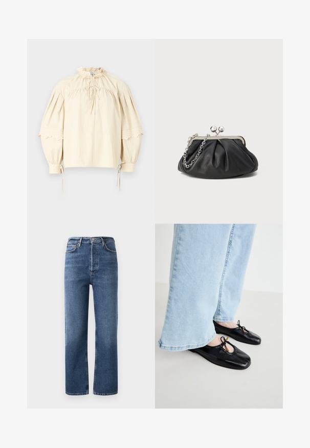 Hofmann Copenhagen SHARON - Bluse - oyster; Høj talje denim jeans i blå, med lige ben, fem lommer og hardware i kobberfarve. Glat tekstur og klassisk design.; Sorte læder balletflade med rund tå, der har udskæringer og sløjfekvaster, båret med lyseblå viddejeans.; Sort læder clutch med samlet tekstur, sølvfarvet metalramme, kys-lås lukning og kædestrop. Glat, blød overflade.