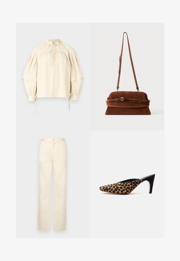 Hofmann Copenhagen SHARON - Blouse - oyster; Rabanne Jean droit - off white denim; Mule à bout pointu avec dessus imprimé léopard et talon stiletto noir de hauteur moyenne sur fond blanc uni.; Sac à épaule en daim marron avec une longue bandoulière ajustable et un détail de boucle sur le devant, présenté sur un fond uni.