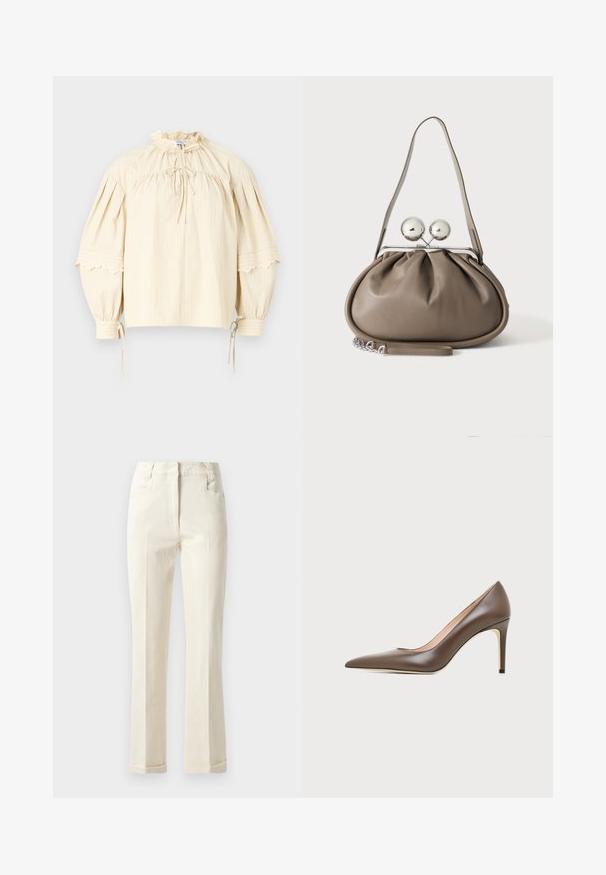 Hofmann Copenhagen SHARON - Blouse - oyster; Pantalons beiges à jambe droite en tissu mélangé coton, avec une taille mi-haute, des poches avant et une texture subtile à la surface.; Chaussure à talon haut en cuir marron à bout pointu avec un talon aiguille fin et une finition lisse sur un fond clair.; Sac à main en cuir gris de forme arrondie, fermeture supérieure avec deux grandes sphères argentées, et une seule anse.