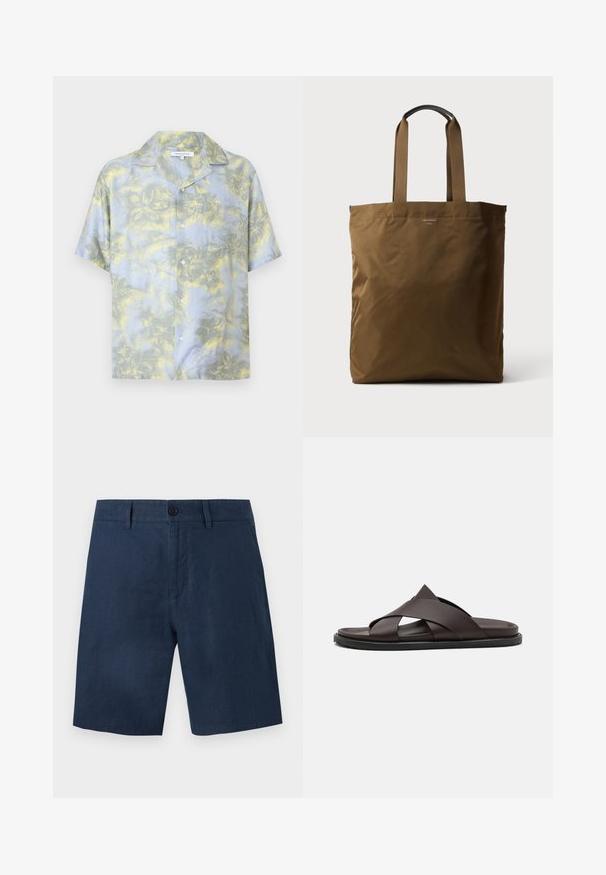 Chemise à manches courtes boutonnée avec motif floral bleu et jaune et une poche poitrine, affichée sur fond blanc.; Shorts pour hommes bleu marine avec fermeture par bouton, passants pour ceinture et poches latérales, présentés à plat sur fond blanc.; Stuart Weitzman BERKLEY - Mules - espresso; Sac fourre-tout en tissu marron avec de longues anses marron et un petit logo imprimé près du centre supérieur.