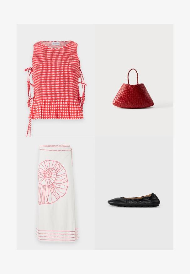 Top sin mangas de cuadros rojos y blancos con cuerpo fruncido, lazos laterales y dobladillo con volantes, etiquetado Maisonétre.; Falda larga blanca con un gran diseño de concha nautilus bordada en rosa y franjas horizontales en rosa contrastante en el dobladillo y la cintura.; Bailarina de cuero negro con detalles fruncidos en el cuello, punta redondeada y suela de goma flexible. Textura suave en toda su superficie.; Bolso de mano de cuero tejido en rojo con forma triangular redondeada y dos asas trenzadas sobre fondo blanco.