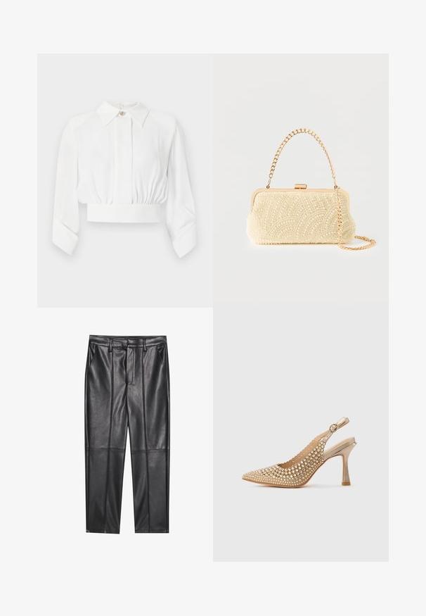 Hvid cropped langærmet bluse med spids krave, skjulte knapper foran, elastisk talje og brede manchetter.; Sorte læderbukser med en glat overflade, der har lige pasform, to forlommer og synlige sømdetaljer.; Guld slingback højhælet sko med spids tå, dekoreret med perler og rhinsten, og justerbar spænde rem.; Clutchtaske dækket af små hvide perler med guldramme og aftagelig guldkæde strop mod en hvid baggrund.