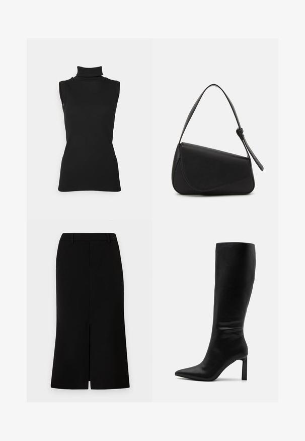 Top negro sin mangas de cuello alto hecho de tela acanalada, con un cuello alto y una silueta ajustada. Textura suave con un diseño mínimo.; Falda negra hasta la rodilla con una silueta recta, que presenta una abertura frontal, una textura suave y una cintura entallada.; Even&Odd by Zalando Botas - black; Bolso de mano de cuero negro con forma triangular, tapa en ángulo y un asa superior redondeada. Presenta una textura suave y detalles de diseño minimalistas.