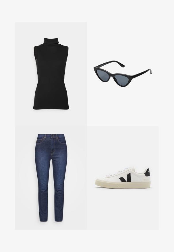 Schwarzes ärmelloses Rollkragenoberteil aus geripptem Stoff, mit hohem Kragen undtaillierter Silhouette. Glatte Textur mit minimalen Details.; Dunkelblaue Denim-Jeans mit schmaler Passform, fünf Taschen, Reißverschluss, Nahtdetails und Kupferbeschlägen. Glatte Textur mit minimalen Ausbleichungen.; Weißes Leder-Sneaker mit schwarzem Gummi-V-Logo. Strukturierte cremefarbene Sohle, weiße Schnürsenkel und Fersendetail in Schwarz mit dem Markennamen.; Schwarze Cat-Eye-Sonnenbrille mit dunkelgrauen Gläsern, schlankem Kunststoffrahmen, spitzen Ecken und geraden Bügeln. Keine sichtbaren Befestigungen oder Akzente.