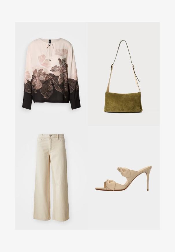Blouse à manches longues de couleur rose pâle avec des accents noirs. Présente un motif floral en ligne, un col à cordon de serrage et des poignets boutonnés. Tissu lisse.; Jean large beige en denim, avec une taille haute, fermeture à bouton, passants de ceinture et poches latérales. Texture lisse et coupe décontractée.; Mule beige à talon haut ouvert à l'avant avec deux brides nouées torsadées et un talon aiguille fin sur fond blanc.; Sac à épaule en suède vert olive avec une forme rectangulaire lisse. Dispose d'une longue sangle en cuir ajustable et de matériel minimal.