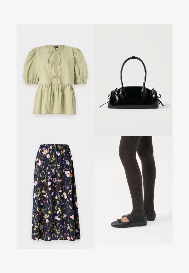 Lichtgroene blouse met korte mouwen, puffmouwen, een trekkoord aan de voorkant en een gerimpelde taille. Gemaakt van lichte stof met een zachte textuur.; Navy bloemenrok met een elastische tailleband, voorzien van een print van roze, blauwe en groene bloemen op een gestructureerde stof.; Benen met donkere geribbelde leggings gecombineerd met zwarte ballerina's met kleine strikdetails op een witte achtergrond.; Kleine zwarte glanzende handtas met twee lange hengsels en zijkant trekkoord details op een effen lichte achtergrond.