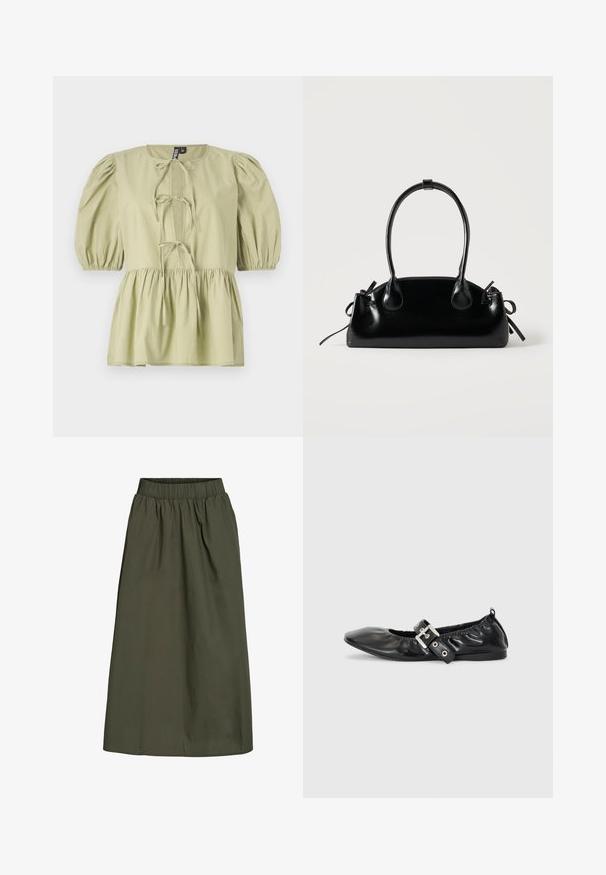 Blusa verde claro de manga corta con mangas abullonadas, concorde en la parte delantera y cintura fruncida. Hecha de una tela ligera con una textura suave.; Falda de color verde oliva, hasta los tobillos, con cinturilla elástica con fruncido y una textura de tela suave y ligeramente arrugada.; Zapato plano de piel negra con puntera afilada, detalle fruncido alrededor de la abertura y un acento de hebilla plateada en la correa ajustable.; Pequeño bolso negro brillante con dos asas largas y detalles de cordón lateral sobre un fondo claro liso.