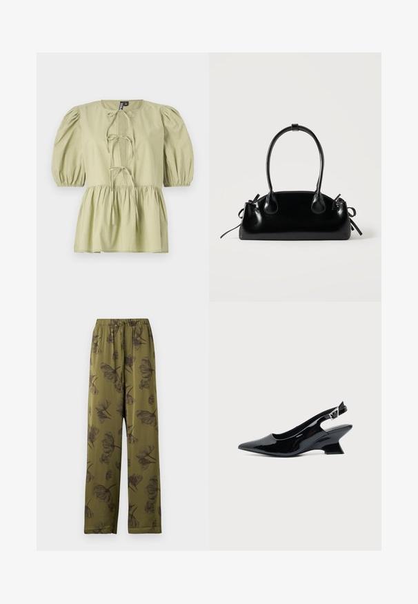Blusa verde claro de manga corta con mangas abullonadas, concorde en la parte delantera y cintura fruncida. Hecha de una tela ligera con una textura suave.; Pantalones de pierna ancha verde oliva con cintura elástica y patrón de flores negras.; Zapato slingback de cuero charol negro con puntera puntiaguda y tacón bajo en bloque inclinado sobre fondo claro liso.; Pequeño bolso negro brillante con dos asas largas y detalles de cordón lateral sobre un fondo claro liso.