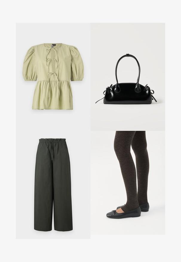 Blouse vert clair à manches courtes avec des manches bouffantes, devant à cordon de serrage et taille froncée. Fabriquée en tissu léger avec une texture douce.; Pantalons à jambe large en tissu vert foncé, dotés d'une taille élastique et d'une texture lisse, sans matériel ou motifs visibles.; Jambes portant des leggings côtelés foncés associés à des ballerines noires avec de petits détails en nœud sur fond blanc.; Petit sac à main noir brillant avec deux longues anses et des détails à cordon sur les côtés sur un fond clair uni.