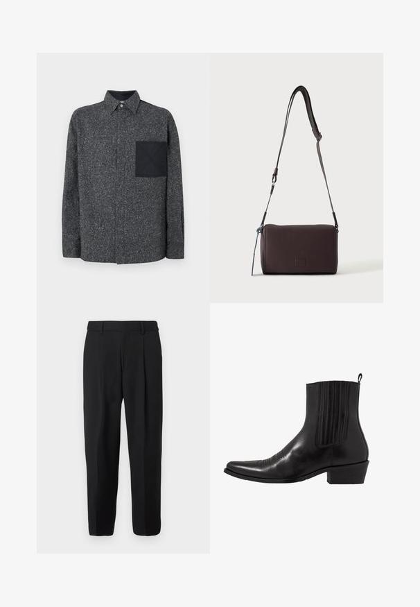 Iceberg Chemise - fantasia mix di grigi; Pantalon noir à jambe droite, confectionné en tissu tissé, avec devant plat, passants pour ceinture et deux poches latérales.; Bottine noire en cuir avec un bout pointu, des panneaux latéraux élastiques, des accents de coutures verticales et un petit talon bloc.; Sac bandoulière en cuir marron foncé texturé avec une sangle réglable et un petit accent décoratif bleu sur le côté.