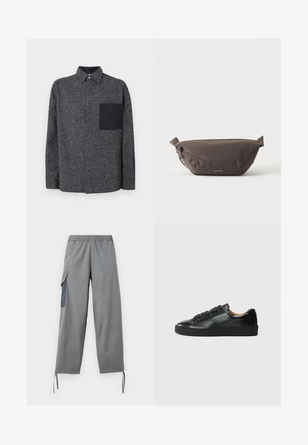 Iceberg Chemise - fantasia mix di grigi; Pantalons cargo légers gris avec taille élastique, poches latérales, bas ajustables et texture lisse.; Baskets en cuir noir avec une texture lisse, bout rond et fermeture à lacets. Comprend une semelle en caoutchouc épaisse et un minimum de détails de marque.; Sac banane en tissu marron foncé avec poche zippée en diagonale et petit logo blanc sur le devant, sur un fond clair uni.