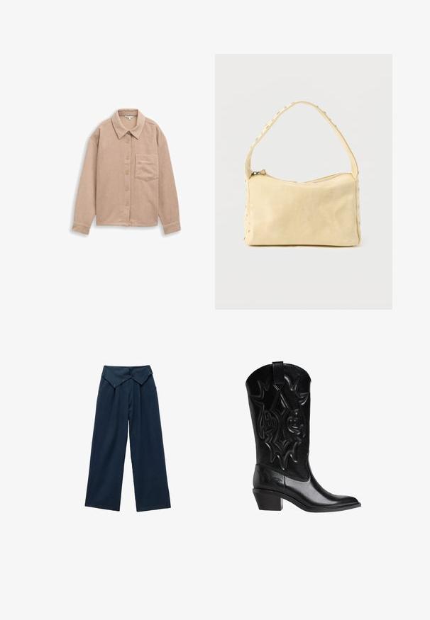 Beige Kordshirtjacke mit Kragen, fünf-Knopf-Verschluss und einer einzelnen Brusttasche. Weiche Textur mit vertikalen Rippungen.; Hose mit weitem Bein aus dunkelblauem Stoff. Besondere Merkmale sind der gefaltete Bund mit zwei Knöpfen und die glatte Textur. Es sind keine Muster sichtbar.; Schwarze Leder-Cowboy-Stiefel mit gestickten Dekormustern, spitzem Zeh, schrägem Mittelabsatz und Zugschlaufe oben am Schaft.; Kleine beige Ledertasche mit einem einzigen Riemen und silbernen Nieten entlang der Kanten und des Riemens, vor einem schlichten Hintergrund.