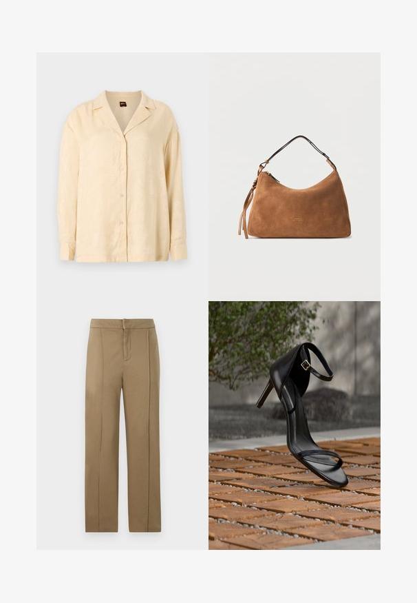 Lys beige skjorte med knaplukning, der har en slået krave, lange ærmer og en subtil tekstur med palmeblade. Knapperne er i samme farve.; Khaki bukser lavet af glat stof, med en mellemhøj talje, lige ben-design og to lodrette sømme for ekstra detaljer.; Sort højhælet sandal med ankelsnor, der ser ud til at svæve over et trægulv udendørs med sløret grønt og sten i baggrunden.; Brun ruskind skuldertaske med justerbar rem og gyldent lynlås, med subtilt gyldent "Tommy Hilfiger"-logo i midten foran.