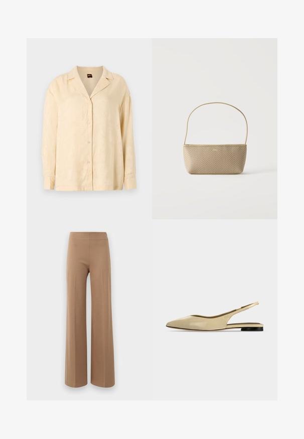 Camisa abotonada beige claro con cuello con muesca, mangas largas y un sutil patrón de textura de hojas de palma. Los botones son del mismo tono.; Pantalones de pierna ancha en un marrón claro, de tejido elástico con una textura suave y una cinturilla alta y elástica. Sin cierre visible ni bolsillos.; Zapato plano beige con puntera puntiaguda, diseño slingback, tacón bajo negro y acabado en cuero liso, mostrado de perfil sobre un fondo liso.; Bolso tejido beige con correa delgada para el hombro y pequeño logo dorado "BOSS" en el frente, presentado sobre un fondo blanco liso.