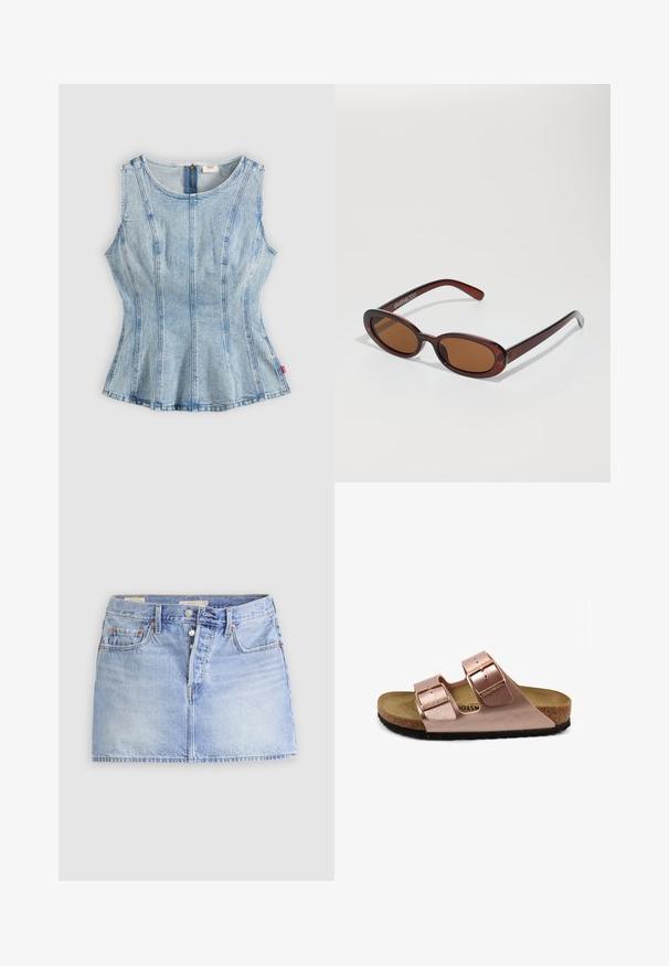 Top en denim bleu clair sans manches avec coutures verticales, encolure ronde, taille cintrée et fermeture éclair au dos.; Mini-jupe en denim bleu clair avec fermeture à boutons devant, passants de ceinture et deux poches avant sur un fond uni clair.; Sandale en cuir vegan rose avec deux sangles réglables à boucle, semelle en liège et semelle en caoutchouc noire. Design minimaliste avec un profil plat.; Lunettes de soleil rondes teinte brun avec une monture bordeaux brillante. Branches fines avec un détail de marque subtil. Design de verres plats.