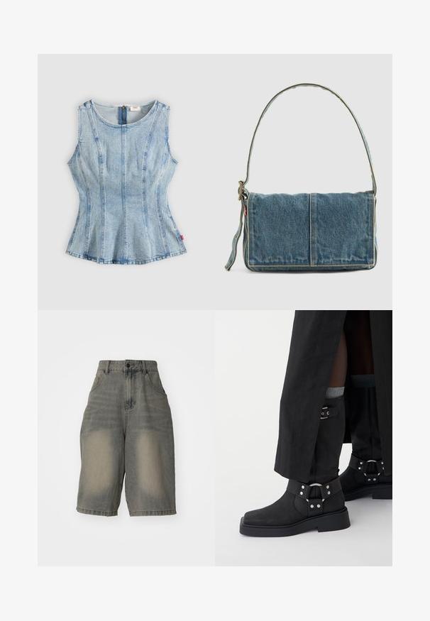 Top sin mangas de mezclilla azul claro con costuras verticales, escote redondo, cintura ajustada y cierre de cremallera en la parte trasera.; Jaded London LIGHT WASH JUMBO JORTS - Shorts vaqueros - light wash; Botas negras hasta el tobillo hechas de cuero con un acabado mate, punta cuadrada y hebillas decorativas. La suela es gruesa y texturizada.; Bolso de hombro de denim con un diseño plegable, color azul claro, costuras visibles, correa ajustable y un acento de etiqueta lateral.