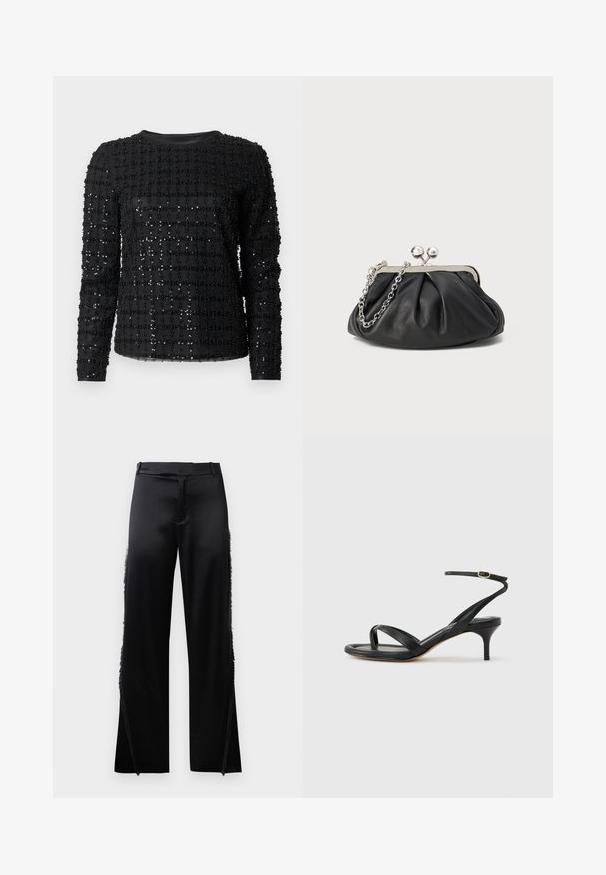 Haut noir à manches longues avec un motif en grille de petites perles brillantes sur un tissu lisse. Encolure ronde et silhouette ajustée.; Pantalons en satin noir à jambes larges, avec des détails en franges le long des coutures latérales et une taille plate à l'avant. Dos uni sans poches.; Sandale pour femme en cuir noir avec fines lanières, une boucle d'orteil, une boucle à la cheville et un talon aiguille de hauteur moyenne sur un fond neutre.; Porte-monnaie en cuir noir avec texture froncée, cadre en métal argenté, fermeture à verrouillage kiss-lock et bandoulière en chaîne. Surface lisse et douce.