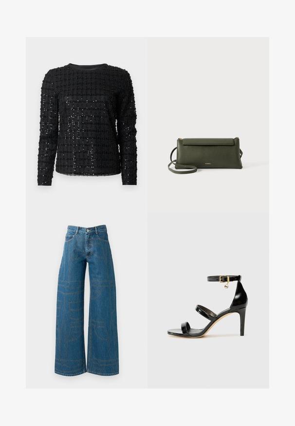 Top negro de manga larga con un patrón de cuadrícula de pequeñas cuentas brillantes sobre una tela lisa. Cuello redondo y silueta ajustada.; Vaqueros de pierna ancha en denim azul medio con patrones de costura en contraste y múltiples diseños de bolsillos. Cintura alta con cierre de botón.; Sandalia de charol negro con tres correas, hebilla en el tobillo y tacón de aguja de 10 cm. Presenta detalles de hardware en oro y un charm con el logo.; Bolso cruzado de cuero texturizado en verde oscuro con cierre de solapa y correa delgada ajustable, grabado con el pequeño logo dorado "Bee Projects".