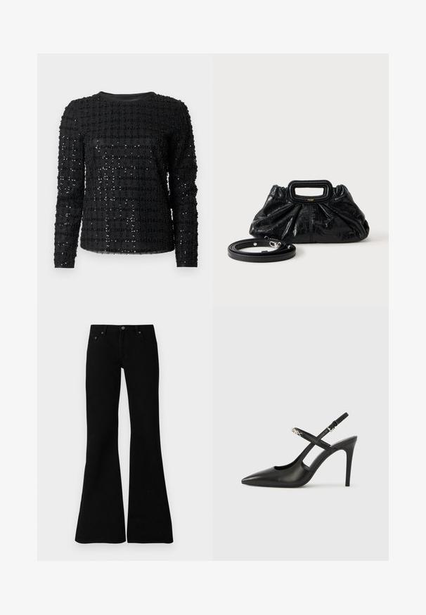 Sort langærmet top med et ternet mønster af små, skinnende perler på et glat stof. Rund halsudskæring og tætsiddende silhuet.; Sorte flagrende jeans lavet af denim, med et klassisk fem-lomme design, knaplukning og subtile syninger langs sømmene.; Sorte læder slingback-højhæle med spids tå, udskåret design og justerbar rem med metalhardware.; Lille sort læderhåndtaske med rynket tekstur, rektangulært håndtag og aftagelig tynd skulderrem placeret ved siden af.