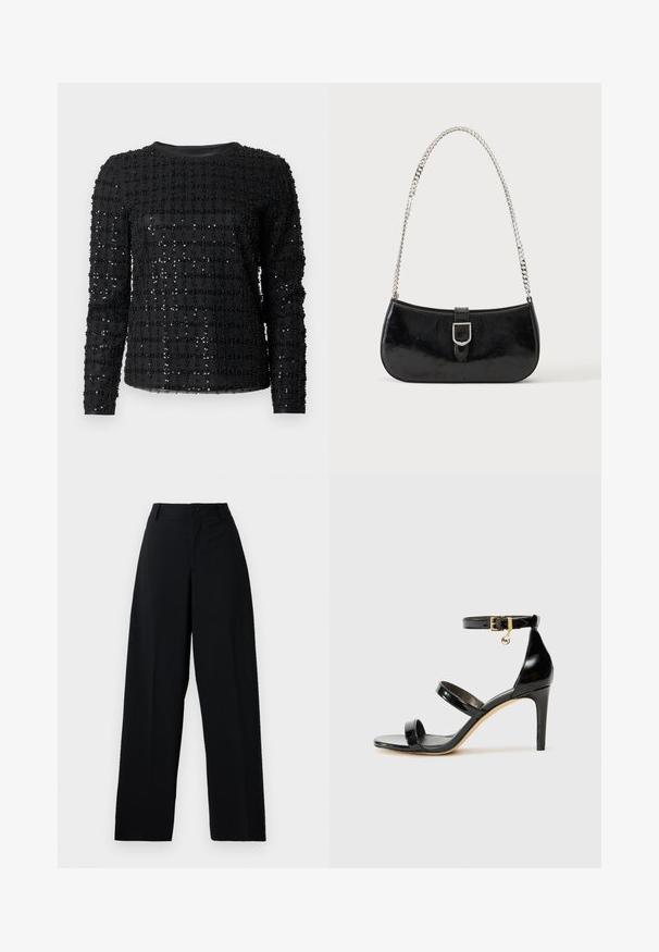 Schwarzes Langarmshirt mit einem Rastermuster aus kleinen, glänzenden Perlen auf einem glatten Stoff. Rundhalsausschnitt und figurbetonte Silhouette.; Schwarze hochtaillierte weite Hose mit Knopf- und Reißverschluss, Gürtelschlaufen und einem klaren, glatten Stofffinish.; Schwarze Lackleder-Sandale mit drei Riemen, Knöchelriemen und 10 cm hohen Stiletto-Absatz. Verfügt über goldfarbene Hardware-Details und ein Logo-Charm.; Schwarze Schultertasche aus Lackleder mit silberner Schnalle und silbernem Kettenriemen, auf hellem einfarbigen Hintergrund präsentiert.