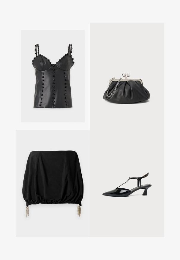 Haut sans manches en faux cuir noir avec bonnets rembourrés, doubles fines bretelles et rangées verticales de perles noires rondes en décoration.; Top court noir avec un design froncé, présentant un ourlet élastique et des clips métalliques comme accents. Fabriqué en tissu léger.; Chaussure slingback en cuir verni noir à bout pointu avec bride en T et petit talon bloc incliné sur fond blanc.; Porte-monnaie en cuir noir avec texture froncée, cadre en métal argenté, fermeture à verrouillage kiss-lock et bandoulière en chaîne. Surface lisse et douce.