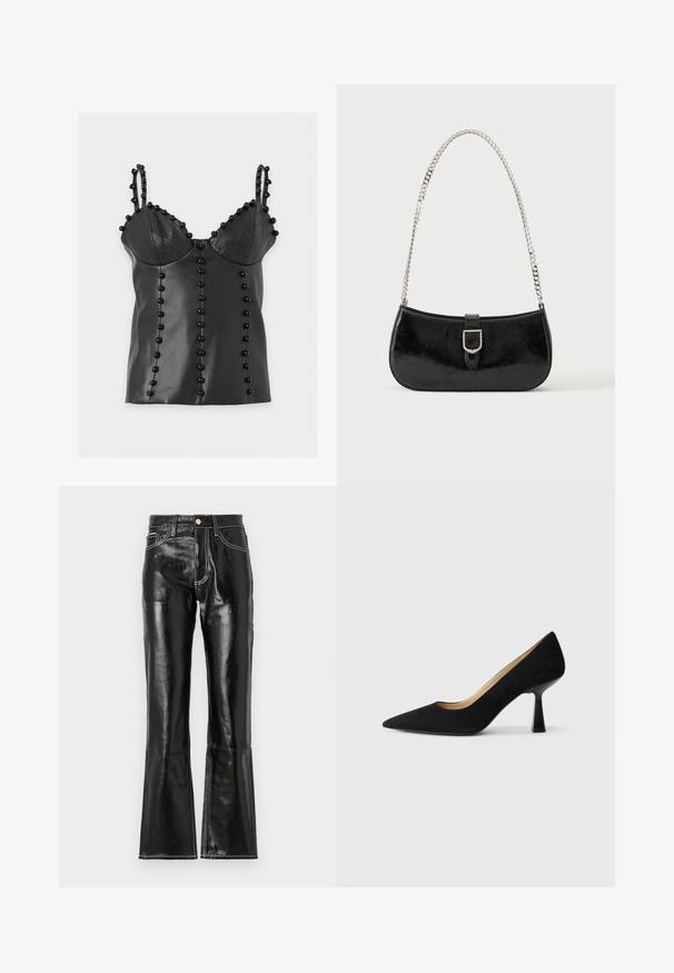 Haut sans manches en faux cuir noir avec bonnets rembourrés, doubles fines bretelles et rangées verticales de perles noires rondes en décoration.; Pantalon noir taille haute évasé en matériau brillant avec des coutures blanches contrastantes et une fermeture éclair à l'avant. Comprend deux poches avant.; Pompe à talons hauts en suède noir avec un bout pointu, dotée d'un talon bloc noir brillant et d'une doublure intérieure lisse.; Sac à épaule en cuir verni noir avec détail de boucle argentée et bandoulière en chaîne argentée, présenté sur un fond uni clair.
