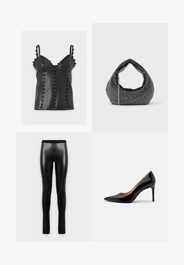 Haut sans manches en faux cuir noir avec bonnets rembourrés, doubles fines bretelles et rangées verticales de perles noires rondes en décoration.; Leggings en simili cuir noir avec une texture lisse, une silhouette ajustée et une large ceinture. Aucune couture ni motif visible.; Escarpin en cuir verni noir à talon haut avec bout pointu et talon aiguille, présenté de profil sur un fond blanc uni.; Sac à main en maille noire orné de clous en argent, avec une poignée incurvée et une bandoulière en chaîne. Texture douce avec une forme arrondie.