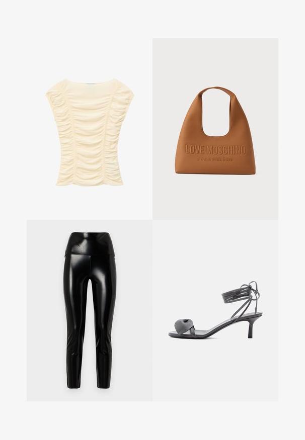 Kortærmet bluse i cremefarve med rynkede detaljer langs fronten og ærmerne, med en bred, rund halsudskæring.; Sorte faux læder leggings med høj talje, glat tekstur, tætsiddende ben og en blank finish. Ingen synlige sømme eller udsmykninger.; Grå læder sandal med hæl, knyttet rem ved tæerne og snørebånd, der vikles om anklen, på slank mellemhøj hæl mod hvid baggrund.; Brun trekantet håndtaske med afrundet håndtag og prægede teksten "LOVE MOSCHINO Made with love" på forsiden.
