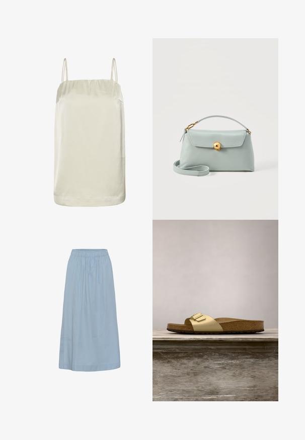 Ærmeløs beige satin top med tynde dobbelte skulderstropper og en lige halsudskæring.; Lys blå, knælængde nederdel med elastisk linning og en løs, let rynket pasform. Ingen synlige mønstre eller ekstra detaljer.; Gyldne syntetiske slidesandaler med en enkelt rem og spændeaccent, der har en brun korksål og en tekstureret gummisål.; Lyseblå læder skuldertaske med gyldent lås, kort håndtag og aftagelig lang rem på en hvid baggrund.