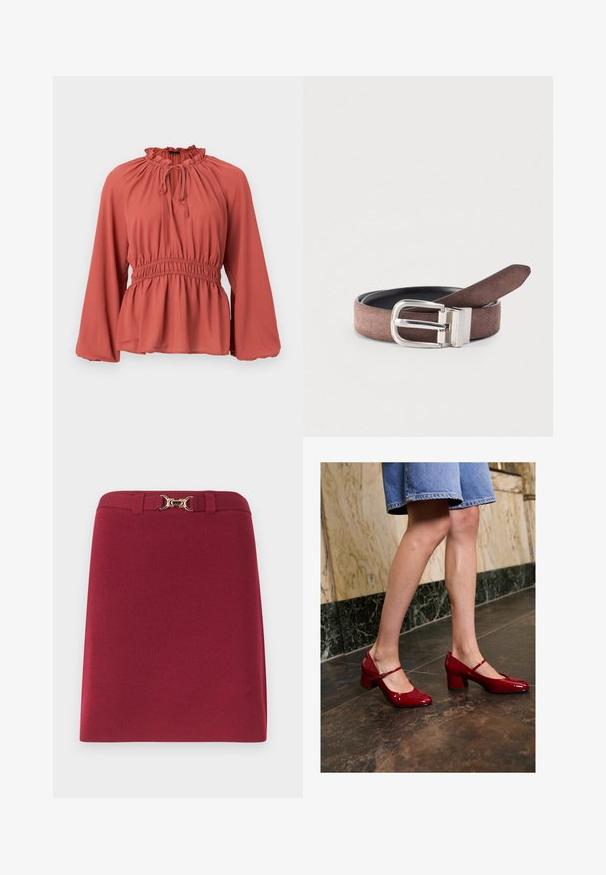 Bluse in Rostfarbe mit gerafftem Ausschnitt, verstellbarer Kordel und geraffter Taille. Hat lange, weite Ärmel und weiches, glattes Material.; Knielanger bordeauxroter Rock mit Gürtelschlaufen und einer goldfarbenen Horsebit-Schnalle am Bund.; Person in glänzenden roten Mary Jane Blockabsätzen und einem blauen Jeansrock, der auf einem dunklen Fliesenboden neben einer Marmorwand steht.; Brauner Wildledergürtel mit einer silbernen rechteckigen Schnalle, glattem Lederfutter und einem flachen Ende. Farbkontraste zwischen Wildleder- und Ledermaterialien.