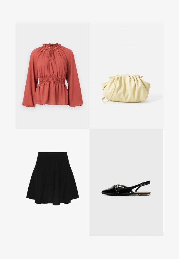 Rostbruine blouse met een geplooide halslijn, verstelbare strik en gerimpelde taille. Heeft lange, wijd uitlopende mouwen en een zachte, gladde stof.; Zwarte A-lijn rok met een aangesloten tailleband, die zachtjes uitloopt naar de zoom, getoond op een effen witte achtergrond.; Zwarte gepatineerde slingback schoenen met een spitse neus, voorzien van twee gouden gespen en een kleine hak. Glad textuur en minimalistischer ontwerp.; Geel geplooide handtas van soepel nepleer, met een zachte vorm, een enkele schouderriem en een verzameld ontwerp aan de bovenkant.
