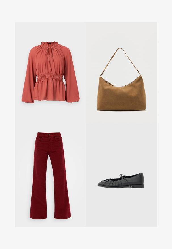 Rustfarvet bluse med flæset halsudskæring, justerbar snøre og smocket talje. Har lange, florlette ærmer og blødt, glat stof.; Bordeaux farvede fløjl flared jeans med høj talje, fem lommer og knaplukning foran. Blød tekstur med brede ben.; Sort flad sko med plisseret forstykke og bundet sløjfe på toppen, lav hæl og glat tekstur på en lysegrå baggrund.; Brun skuldertaske i ruskind med enkelt rem og lynlås øverst, vist mod en ensfarvet hvid baggrund.