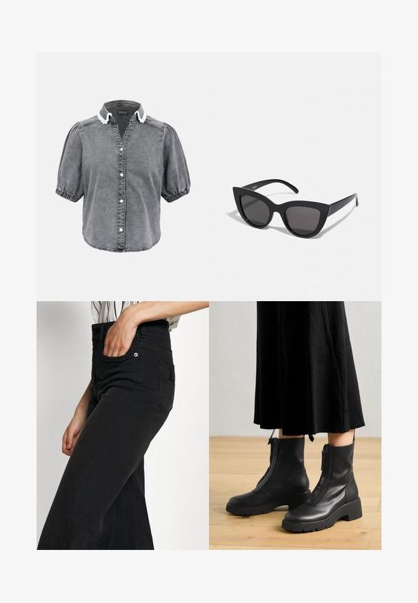 Blusa de denim negro desgastado de manga corta con cuello adornado con encaje blanco y mangas elásticas con puños, cierre frontal de botones.; Vaqueros de mezclilla negra de pierna ancha con cintura alta, bolsillo delantero y bolsillo parche trasero. Textura suave con detalles mínimos de costura.; Botas de tobillo de cuero negro con suela de plataforma gruesa y cremallera delantera. Textura suave con un diseño minimalista.; Gafas de sol negras en forma de ojo de gato con un acabado mate, que presentan lentes ahumados grises, ángulos pronunciados y brazos laterales elegantes. Nombre de la marca visible en el interior del brazo.