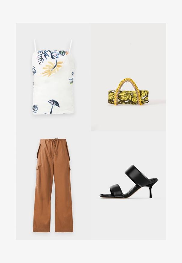 Camisole blanche avec des bretelles spaghetti délicates, arborant un imprimé floral et tropical coloré en bleu, jaune, rose et vert.; Pantalons cargo marron à jambes larges en tissu léger, avec une taille élastique et un cordon de serrage ainsi que des poches latérales.; Sandale mule en cuir noir avec deux larges brides et un talon stiletto fin de hauteur moyenne sur un fond clair uni.; Sac rectangulaire avec motif floral jaune et noir et anse tressée jaune et rose sur fond blanc.