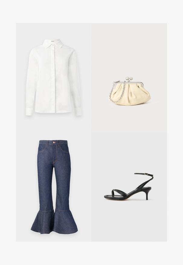 Camisa blanca de manga larga hecha de algodón suave, con un cuello puntiagudo, una tapeta central de botones y un dobladillo recto con puños abotonados.; Jeans de mezclilla azul oscuro de pierna acampanada con un dobladillo con volantes, cinco bolsillos y costuras de contraste en color naranja. Cintura de altura media con cierre de botón en el frente.; Sandalia negra de cuero para mujer con tiras finas, un lazo para el dedo del pie, hebilla en el tobillo y tacón de aguja de altura media sobre un fondo neutro.; Clutch de cuero beige plisado con un marco de metal plateado, que cuenta con dos broches decorativos redondos y una correa de cadena plateada.