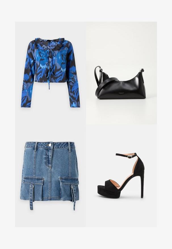 Langärmliges Crop-Top in Blau und Schwarz mit Druck, das über einen Rüschensaum am Hals und eine Bindeschleife an der Vorderseite verfügt. Glattes Material mit lockerer Passform.; Denim-Minirock in hellblau, mit hoher Taille, vorderem Knopfverschluss und zwei Vordertaschen mit verstellbaren Trägern.; Schwarze Wildleder-Peeptoe-Sandale mit hoch gelegener Plateausohle, Knöchelriemen mit silberner Hardware, offenem Zehenbereich und glatter Textur.; Schwarze lederne Handtasche mit glatter Textur. Verfügt über einen verstellbaren Riemen und ein elegantes, minimalistisches Design mit einem Reißverschluss.