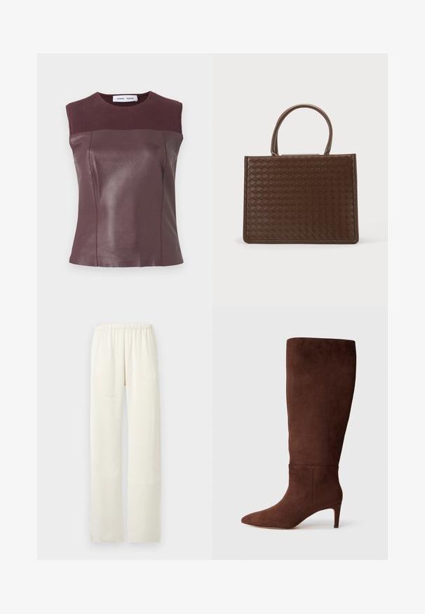 Bordeauxrode mouwloze top met een glad leren lijfje en geribbelde stof bij de halslijn en schouders; aangesloten silhouet met naaddetails.; Ecru, rechtvallende broek met elastische tailleband en zonder zichtbare zakken of versieringen.; Bruine suède laars tot de knie met een spitse neus en een stilettohak. Gladde textuur en minimaal ontwerp. Geen zichtbare hardware of accenten.; Bruine leren handtas met een geweven patroon en twee afgeronde handvatten, rechthoekige vorm, tegen een effen lichte achtergrond.