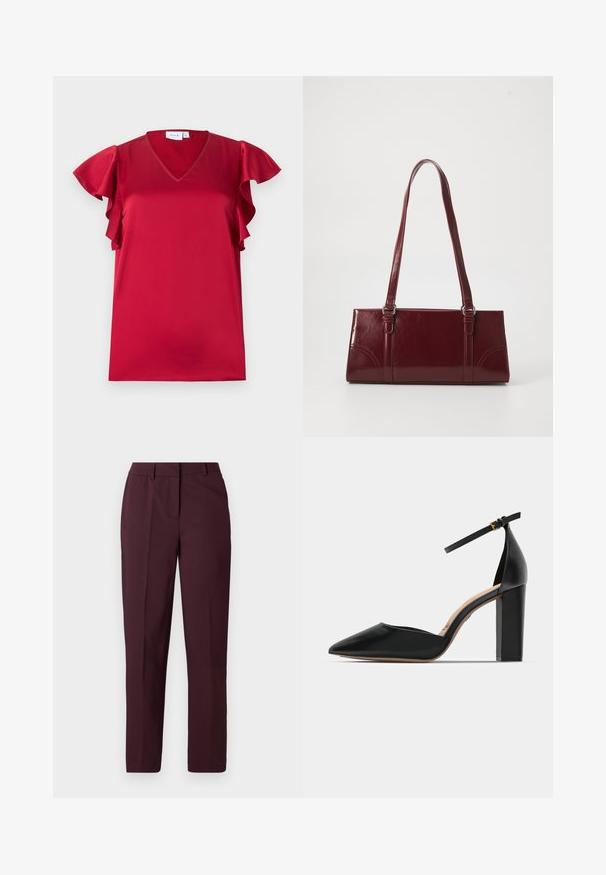 Rote Satinbluse mit kurzen, flatternden Ärmeln und V-Ausschnitt, flach auf weißem Hintergrund liegend.; Bordeauxrote, gerade geschnittene Hose mit glatter Textur, mit flacher Vorderseite und ohne sichtbare Taschen. Maßgeschneidertes Design mit klassischer Passform.; Schwarzer Leder-Pumps mit Knöchelriemen, spitzem Zeh und quadratischem Blockabsatz. Glatte Textur mit minimalistischer Gestaltung.; Burgunderfarbene Handtasche aus glänzendem Material, rechteckige Form, mit zwei Schulterriemen und subtilen, geschwungenen Akzenten an der Vorderseite.