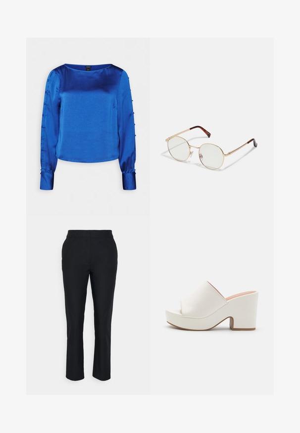 Lindex BLOUSE PENNY - Bluse - blue; Sorte skræddersyede bukser med lige ben, lavet af glat stof. Har en talje med ingen synlige lukninger eller lommer.; Hvide platformmules med en glat overflade, åben tå-design og en kraftig hæl. Har en subtil overfladiskøm og en kontrastfarvet sål.; Guldmetals ovale briller med klare linser. Skildpadde-mønster detaljer på stængerne. Justerbare næsepuder for komfort.