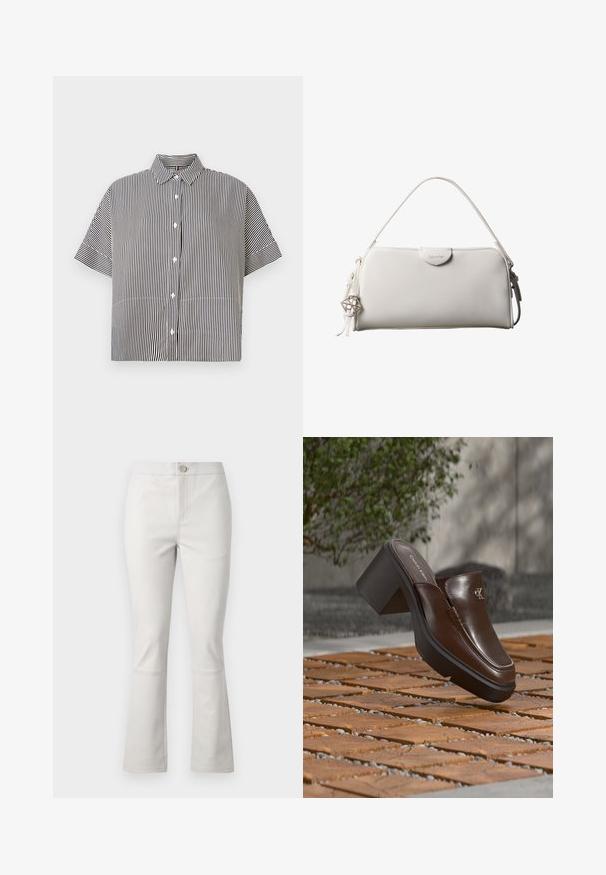 Chemise à manches courtes à rayures noires et blanches avec un col bouton-down, présentant une coupe carrée et un devant uni avec un minimum de détails.; Pantalons évasés gris clair en mélange de coton. Comprend des poches avant, une fermeture à bouton et des détails de couture discrets le long des coutures.; Mule à talon en cuir marron Calvin Klein flottant au-dessus d'un sol en carrelage en bois avec en arrière-plan une plante verte et un mur flous.; Sac à main rectangulaire blanc Calvin Klein avec une seule poignée, design minimaliste et pampilles décoratives avec un charm métallique géométrique sur le côté.