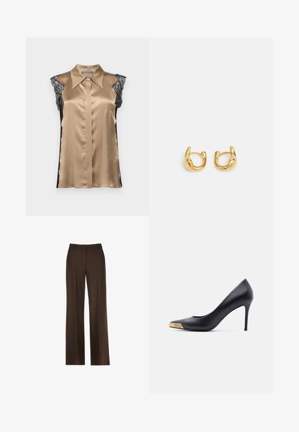 Alberta Ferretti BLOUSE - Bluse - beige; Brune brede bukser med en glat tekstur, der har en frontknaplukning, bæltestropper og pressefolder foran.; Sort læder højhælet pumpe med spids snude, guldmetalspids indgraveret med "Versace Jeans Couture," vist fra siden på hvid baggrund.; Guldøreringe med en glat, rundet design og poleret overflade. Øreringene har en kompakt, kraftig form og en sømløs lås.