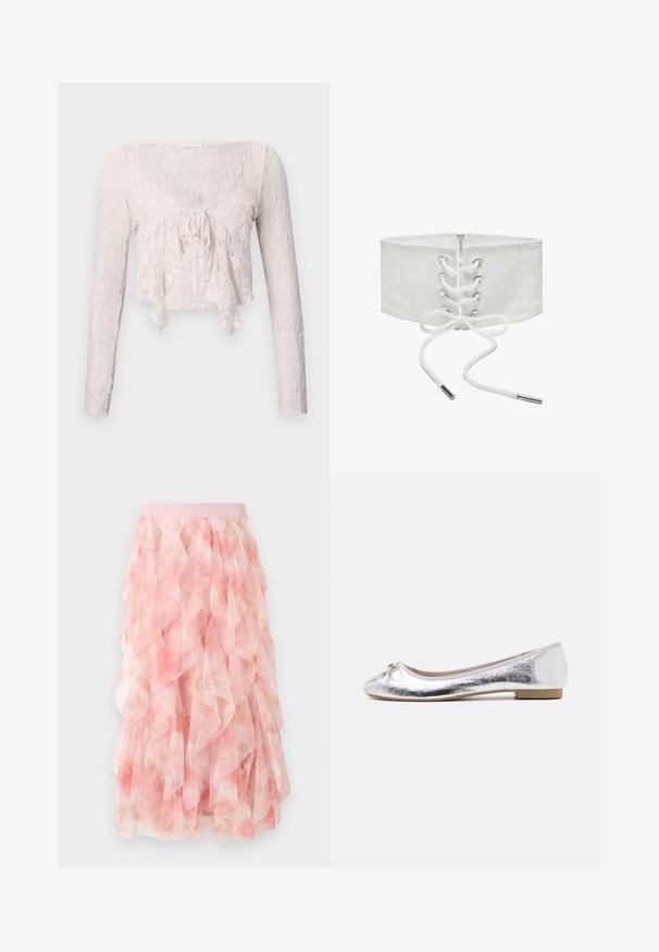 Haut court en dentelle rose clair avec manches longues, décolleté en V, et un détail à nouer à l'avant. Motif floral texturé sur l'ensemble.; Jupe midi en tulle rose à couches avec motif floral et taille élastique, présentant des textures douces et volantées.; Ballerines argentées avec une finition métallique, bout arrondi, accent de nœud à l'avant et un petit talon pour plus de confort.; Large ceinture corset blanche avec laçage devant, œillets métalliques et fermeture éclair, présentée sur un fond blanc uni.