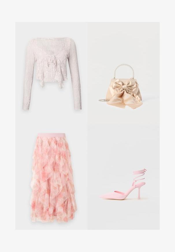 Lichtroze kanten cropped top met lange mouwen, V-hals en een strikdetail aan de voorkant. Geleverd met een textuur van een bloemenpatroon over het hele kledingstuk.; Roze midi rok van gelaagde tule met bloemenpatroon en elastische tailleband, voorzien van zachte gerimpelde texturen.; Roze hoge hakken met een puntige neus, satijnen afwerking en enkelsluiting met kruismotief. Slanke silhouet en dunne hak.; Beige satijnen handtas met grote bijpassende decoratieve strik, parelmoeren handvat en zilveren kettingriem op witte achtergrond.