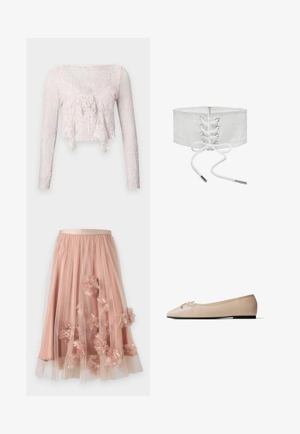 Haut court en dentelle rose clair avec manches longues, décolleté en V, et un détail à nouer à l'avant. Motif floral texturé sur l'ensemble.; Jupe en tulle rose pâle avec une ceinture en satin. Comprend plusieurs couches de tissu transparent et des appliqués floraux en trois dimensions sur toute la surface.; Chaussure de ballet plate beige avec bout pointu, petit détail de nœud sur le dessus et semelle basse noire, vue de profil sur fond blanc.; Large ceinture corset blanche avec laçage devant, œillets métalliques et fermeture éclair, présentée sur un fond blanc uni.