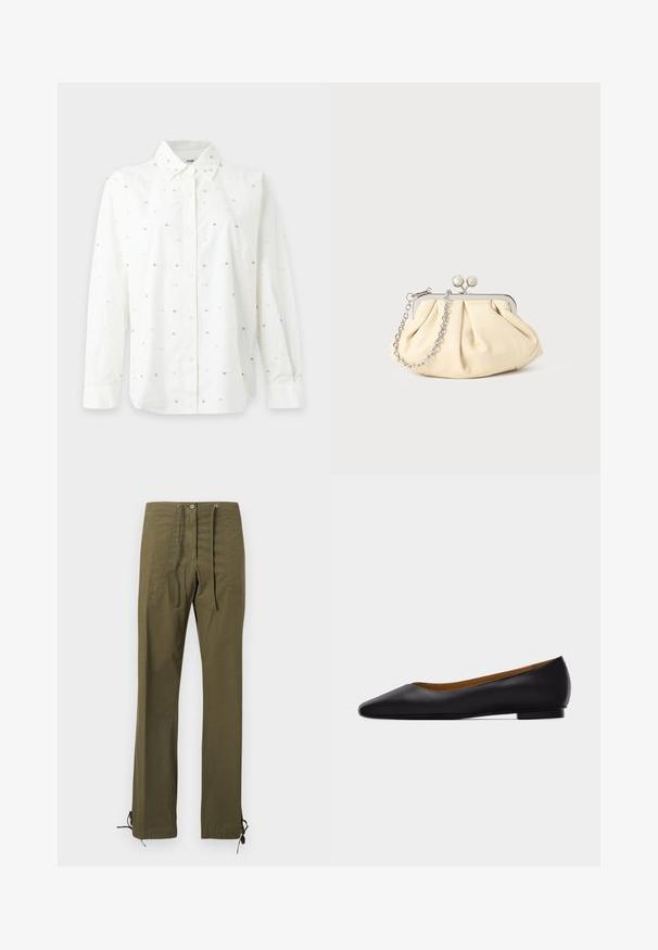 Chemise blanche à manches longues avec col, décorée de petites perles semblables à des perles réparties uniformément sur le tissu.; Pantalon en coton vert olive à coupe décontractée, avec plis à l'avant, taille à cordon de serrage et liens ajustables aux ourlets pour personnalisation.; Chaussure plate en cuir noir à bout pointu avec talon bas et finition lisse, vue de côté sur un fond gris clair.; Pochette en cuir beige plissé avec un cadre en métal argenté, dotée de deux fermoirs ronds décoratifs et d'une chaîne en argent.